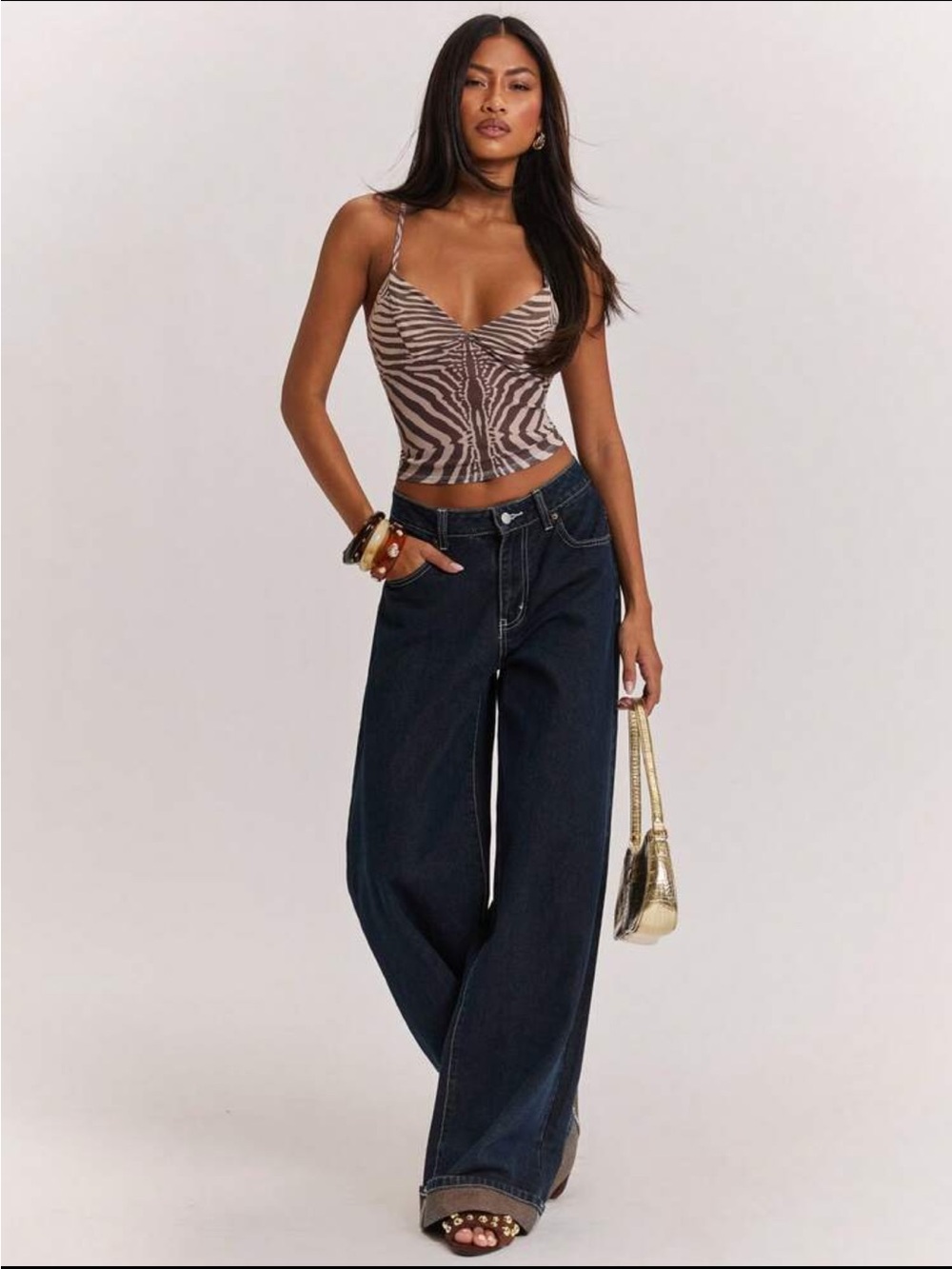 SHEIN Brown & Beige Zebra-Print Spaghetti Strap Cami